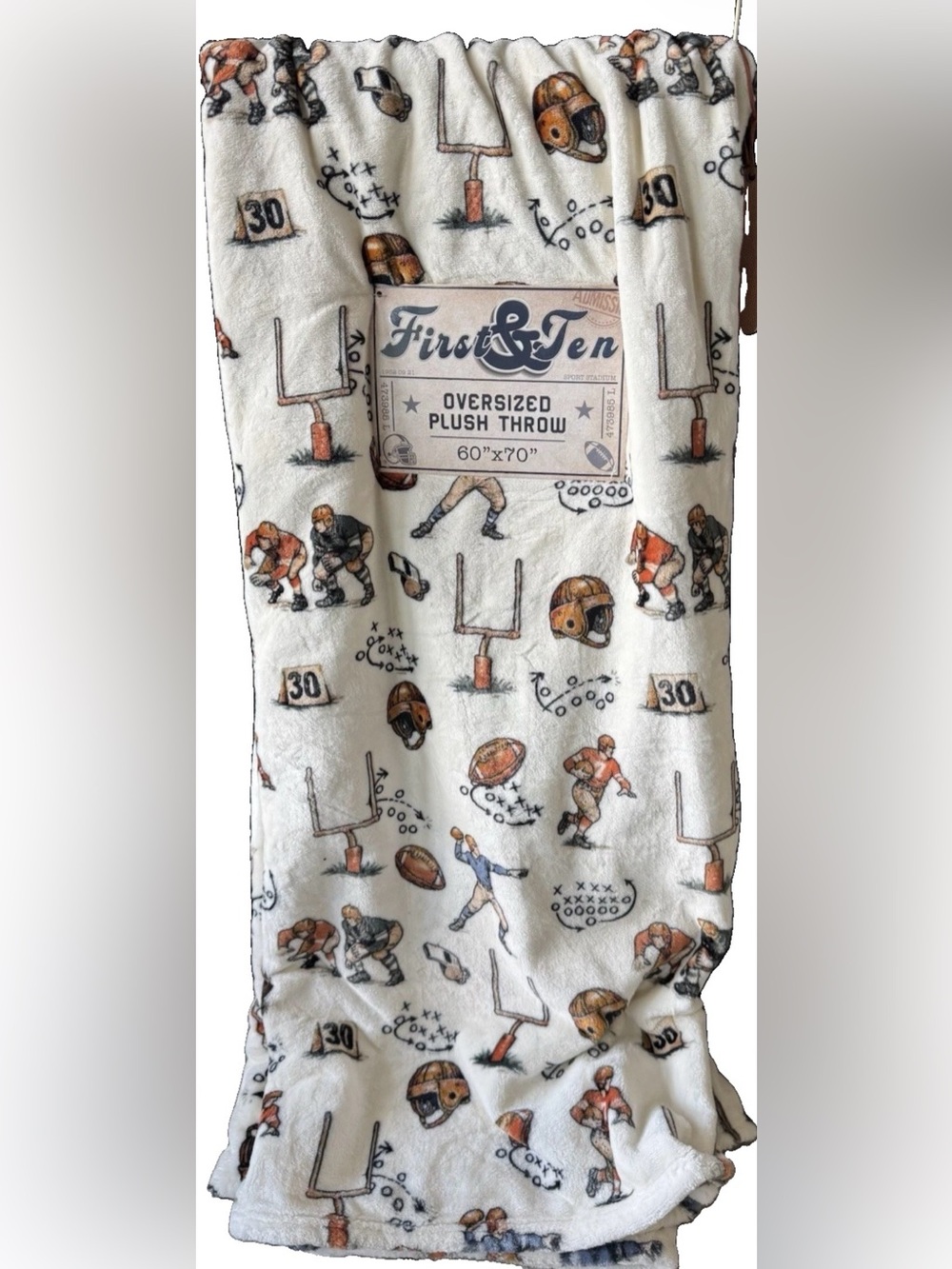 First & Ten Vintage Style Football Throw Blanket w/Football Players & Icons NWT